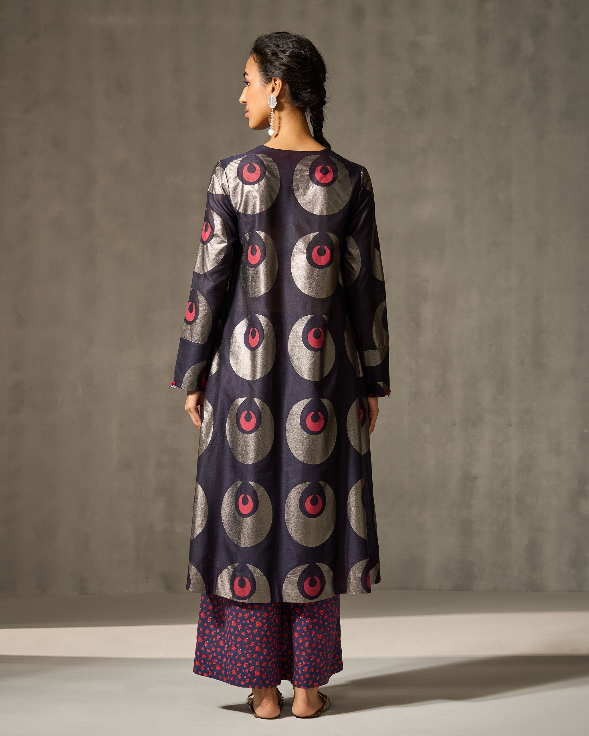 V-Neck Flared Kurta - Navy & Foil Print