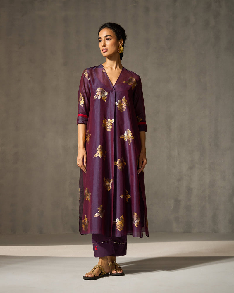 Front Pleated Kurta & Slip - Purple & Gold Print