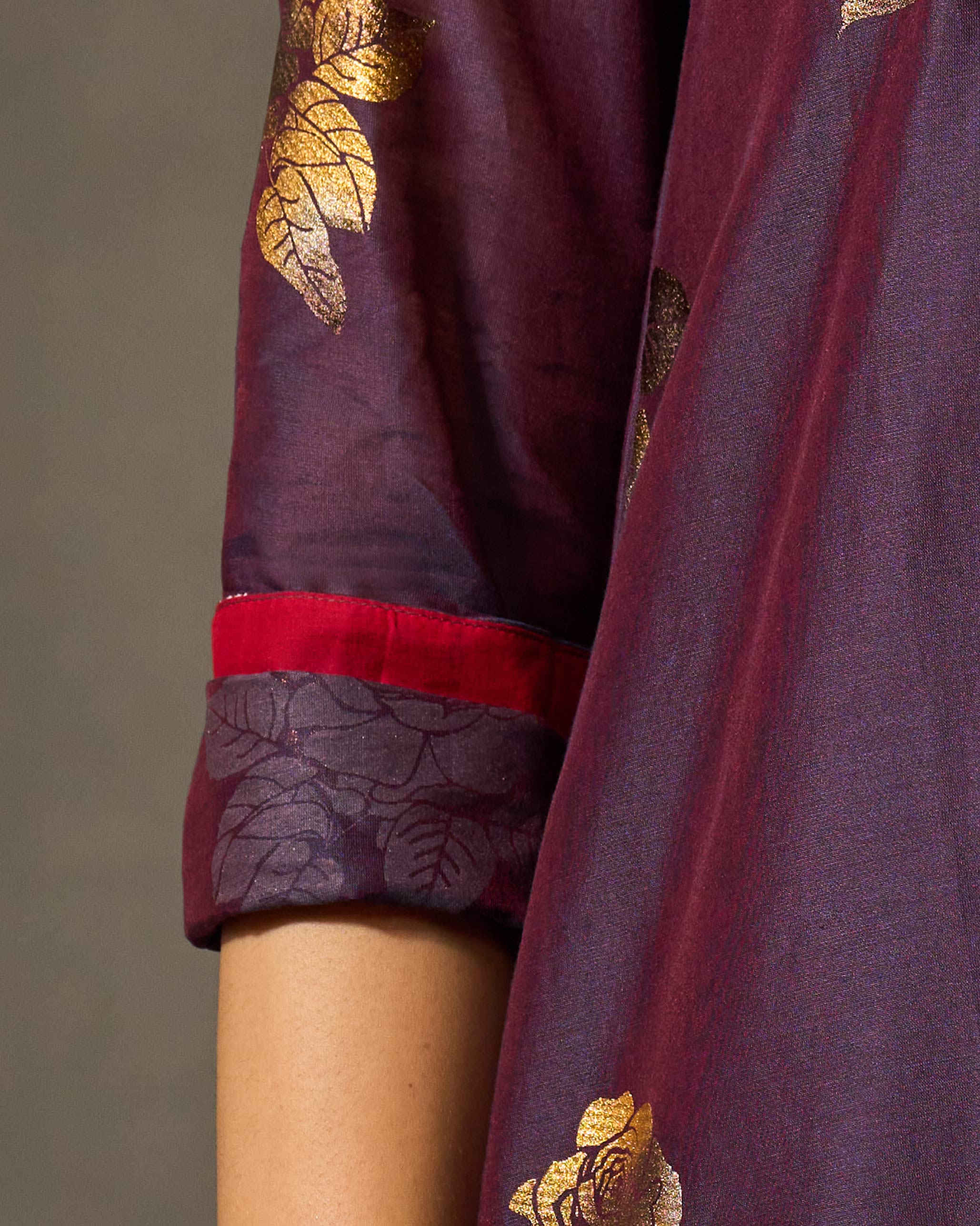 Front Pleated Kurta & Slip - Purple & Gold Print