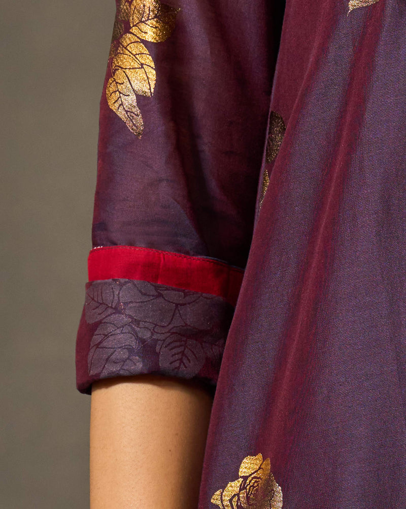 Front Pleated Kurta & Slip - Purple & Gold Print