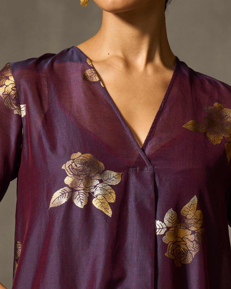 Front Pleated Kurta & Slip - Purple & Gold Print