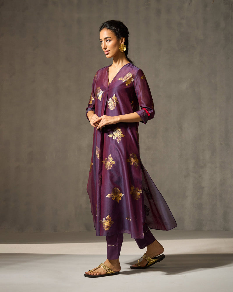 Front Pleated Kurta & Slip - Purple & Gold Print