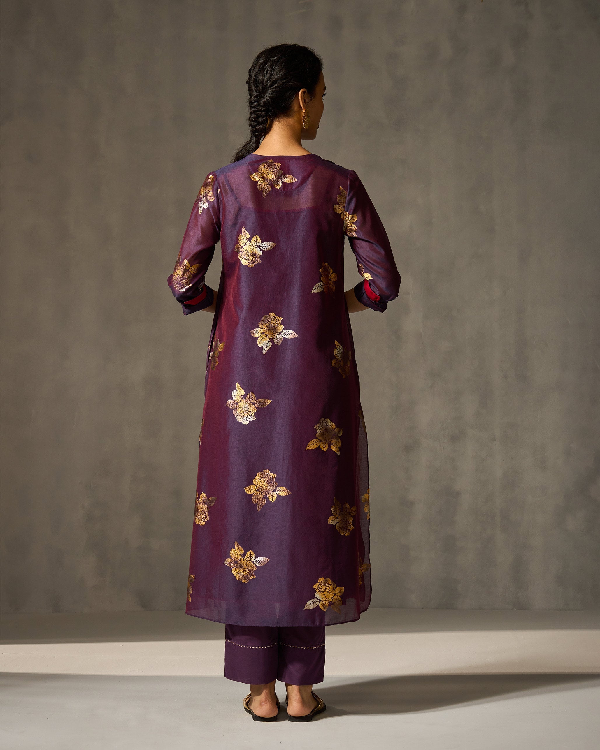 Front Pleated Kurta & Slip - Purple & Gold Print