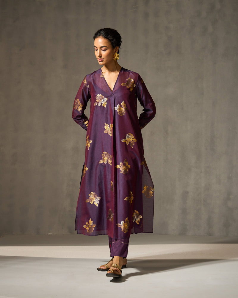 Front Pleated Kurta & Slip - Purple & Gold Print