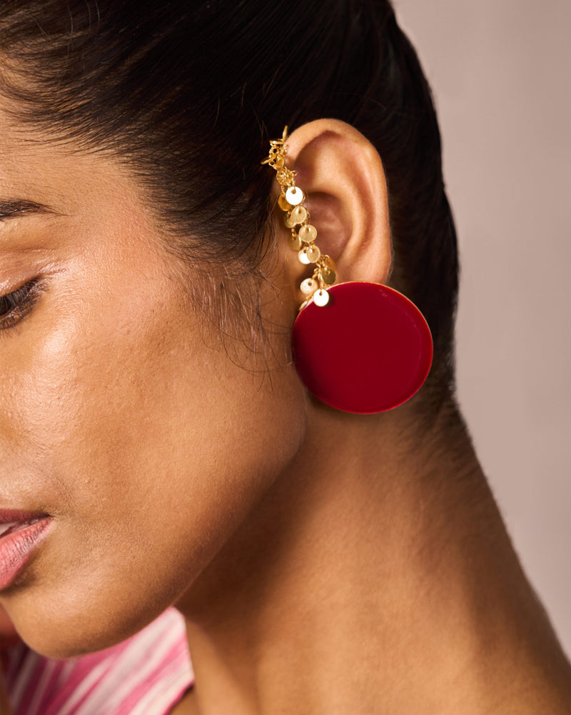 Dot Earrings & Jhilmil Ear Chain - Red & Gold