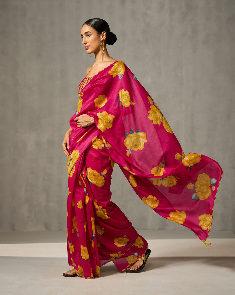 Blossom Sari - Fucshia & Yellow Print