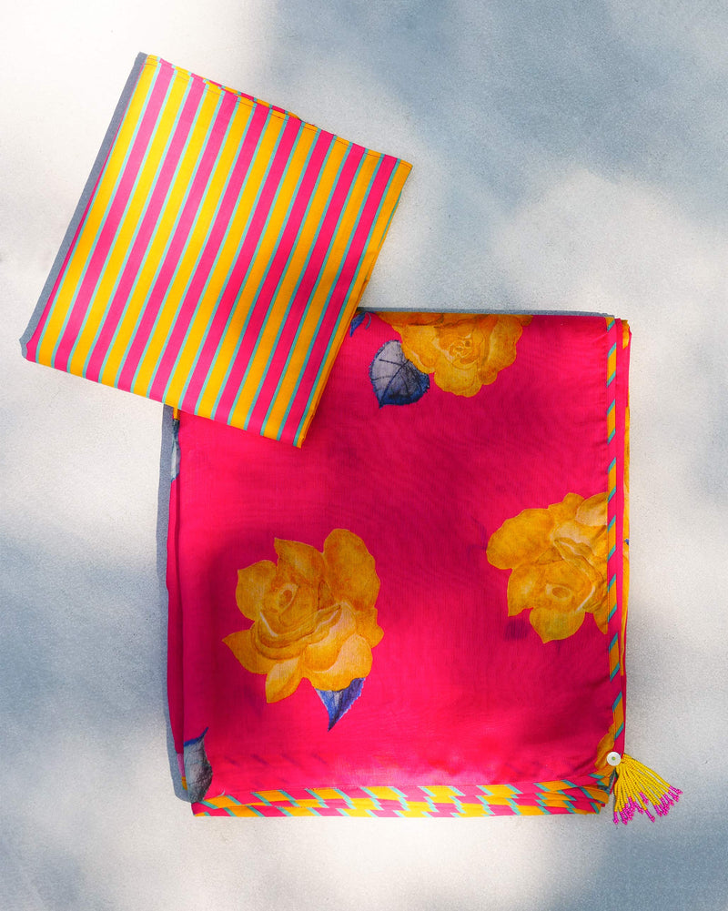 Blossom Sari - Fucshia & Yellow Print