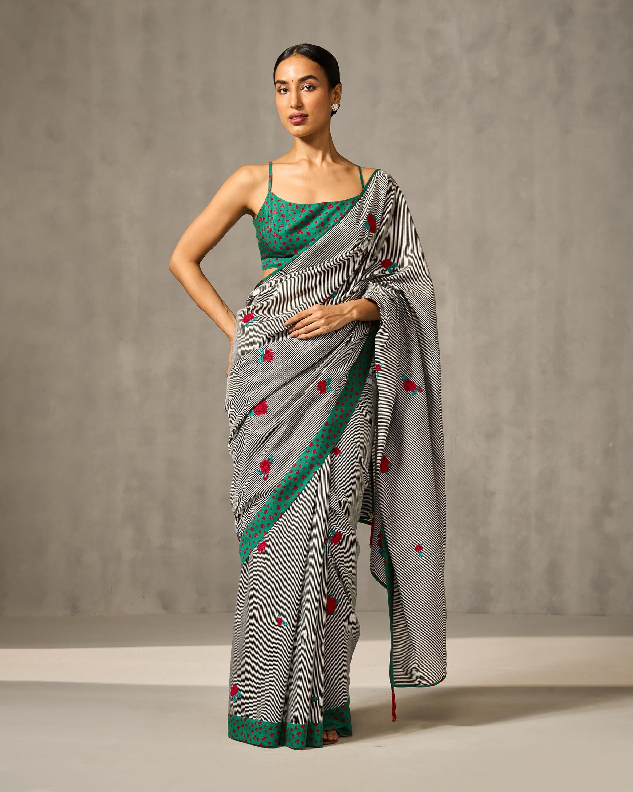 Striped Rose Sari - Black & Ivory Embroidered