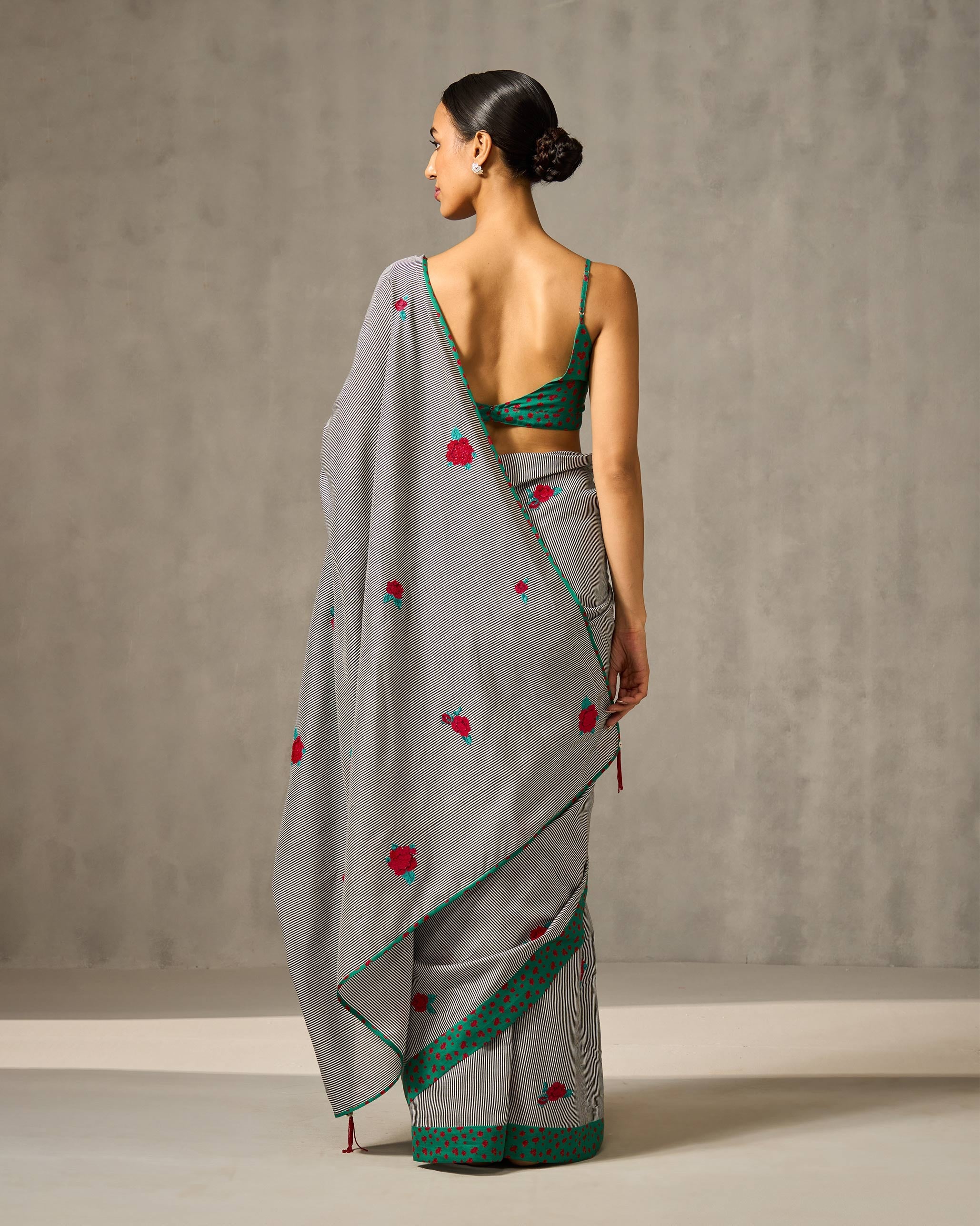 Striped Rose Sari - Black & Ivory Embroidered