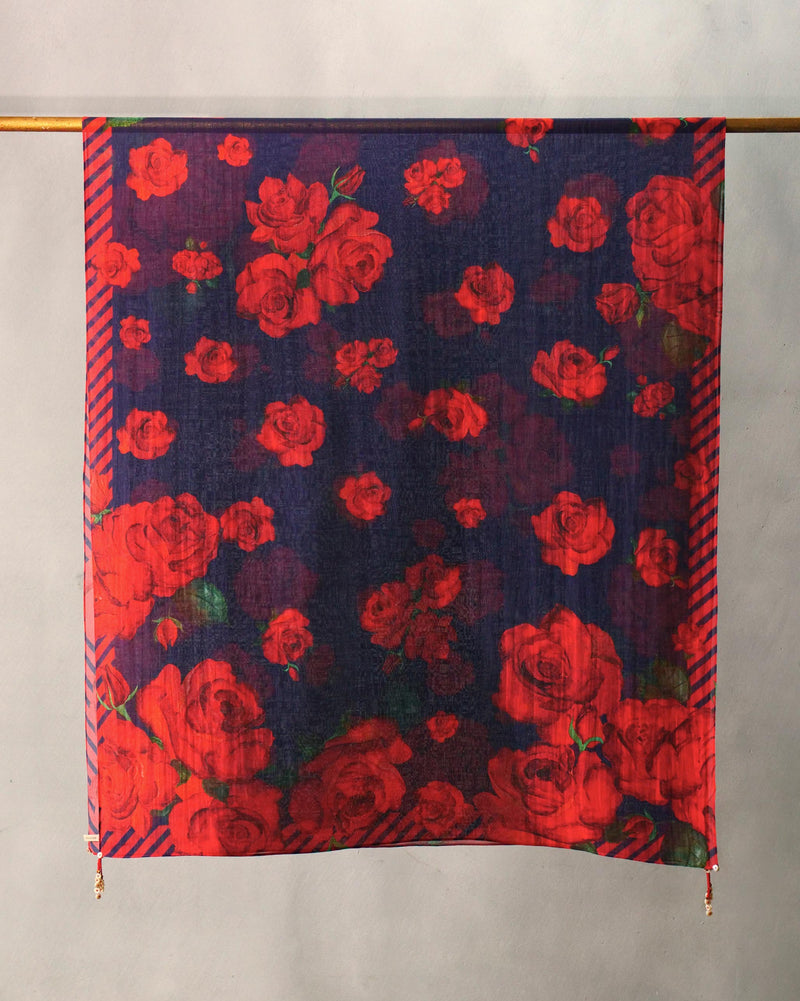 Autumn Bloom Dupatta - Navy & Red Print