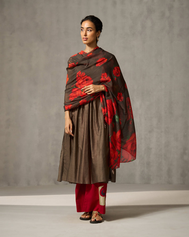 Autumn Bloom Dupatta - Green & Red Print