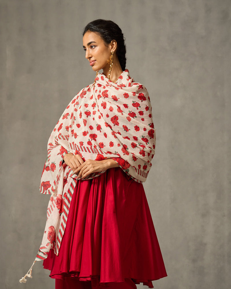 Bentota Dupatta - Ivory & Red Print