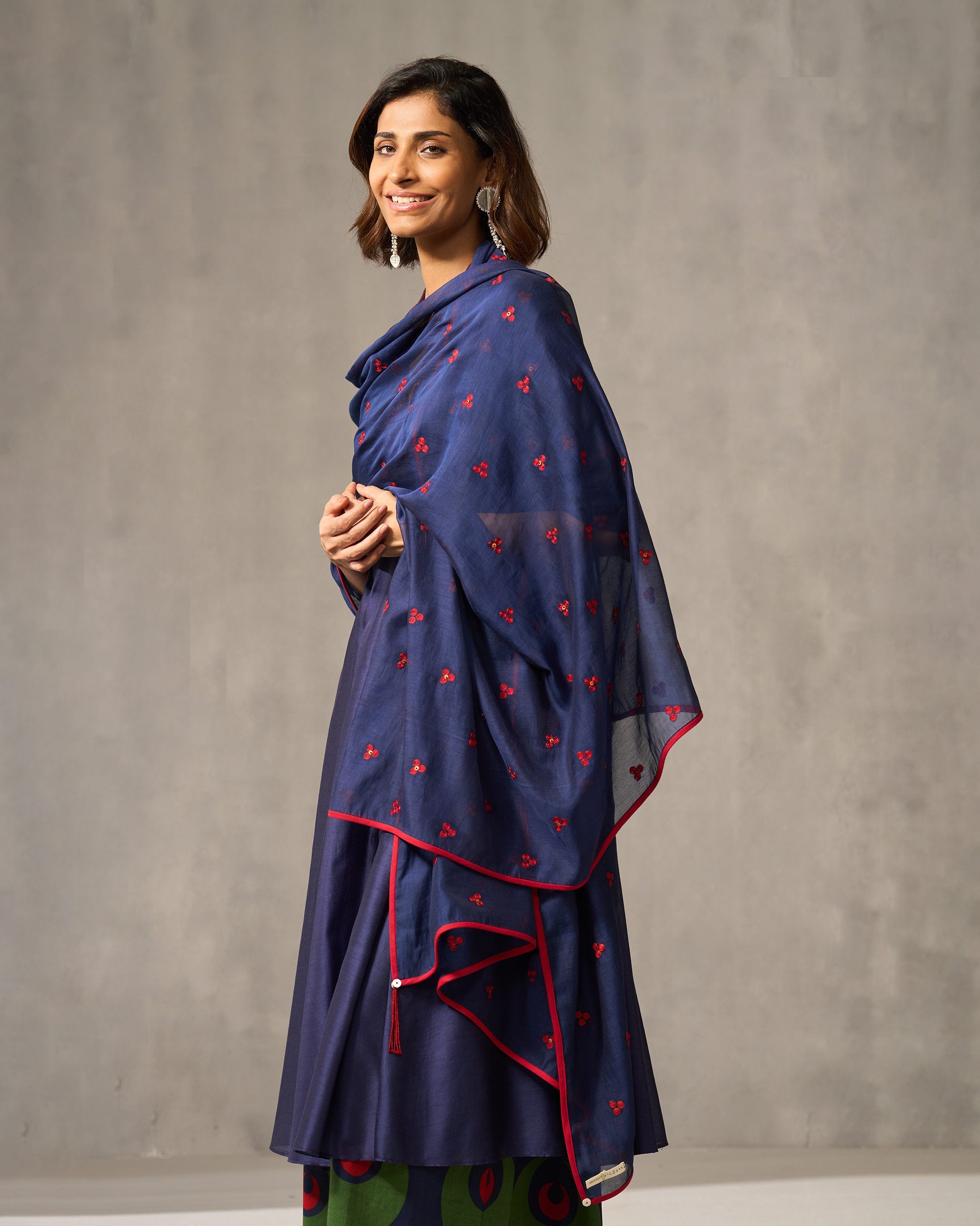 Twilight Dupatta - Navy & Red Embroidered