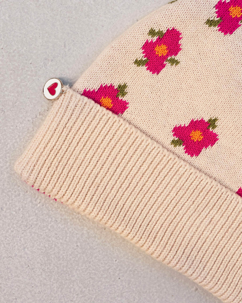 Retro Beanie - Oatmeal & Fuchsia