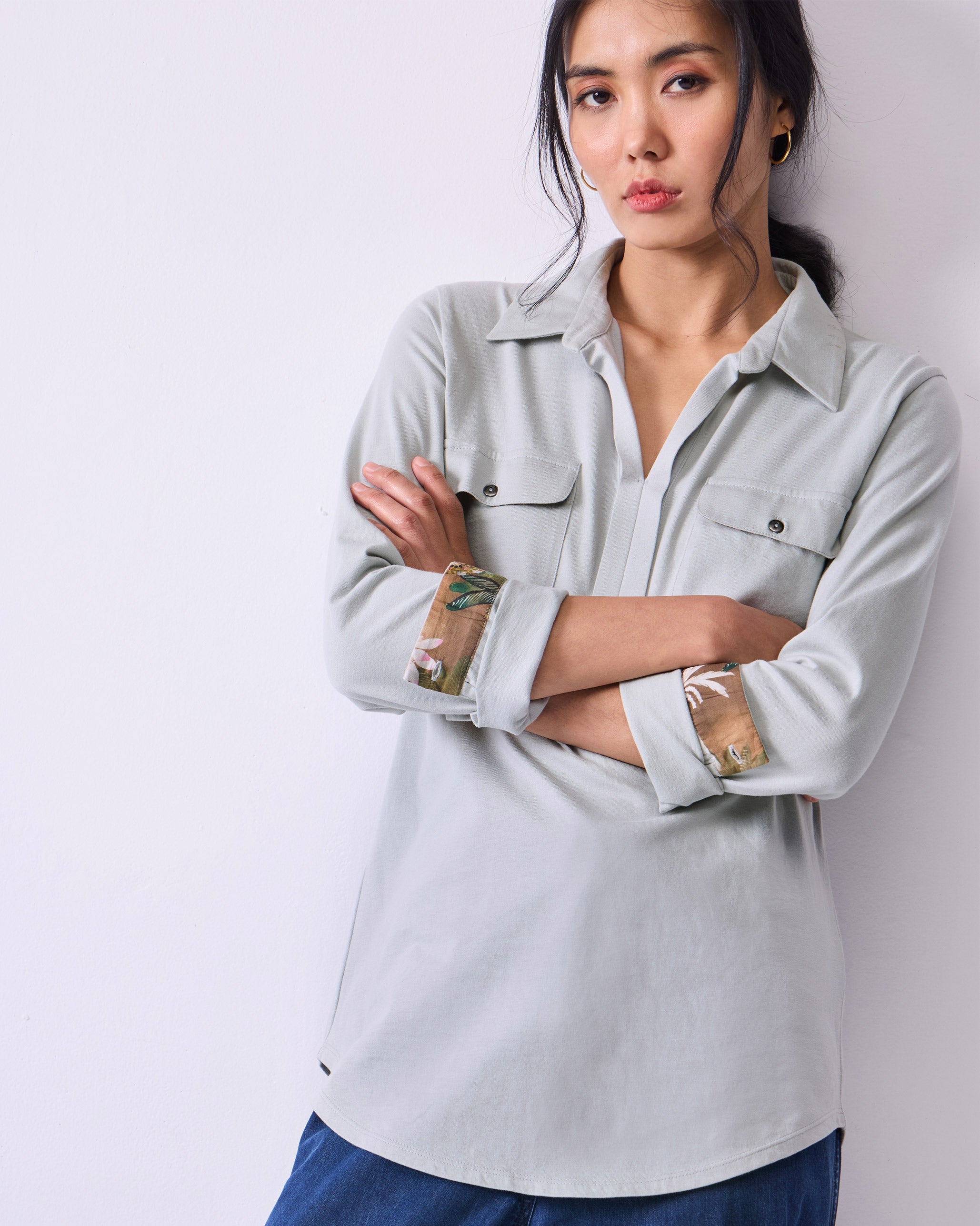 Open Collar Top - Grey