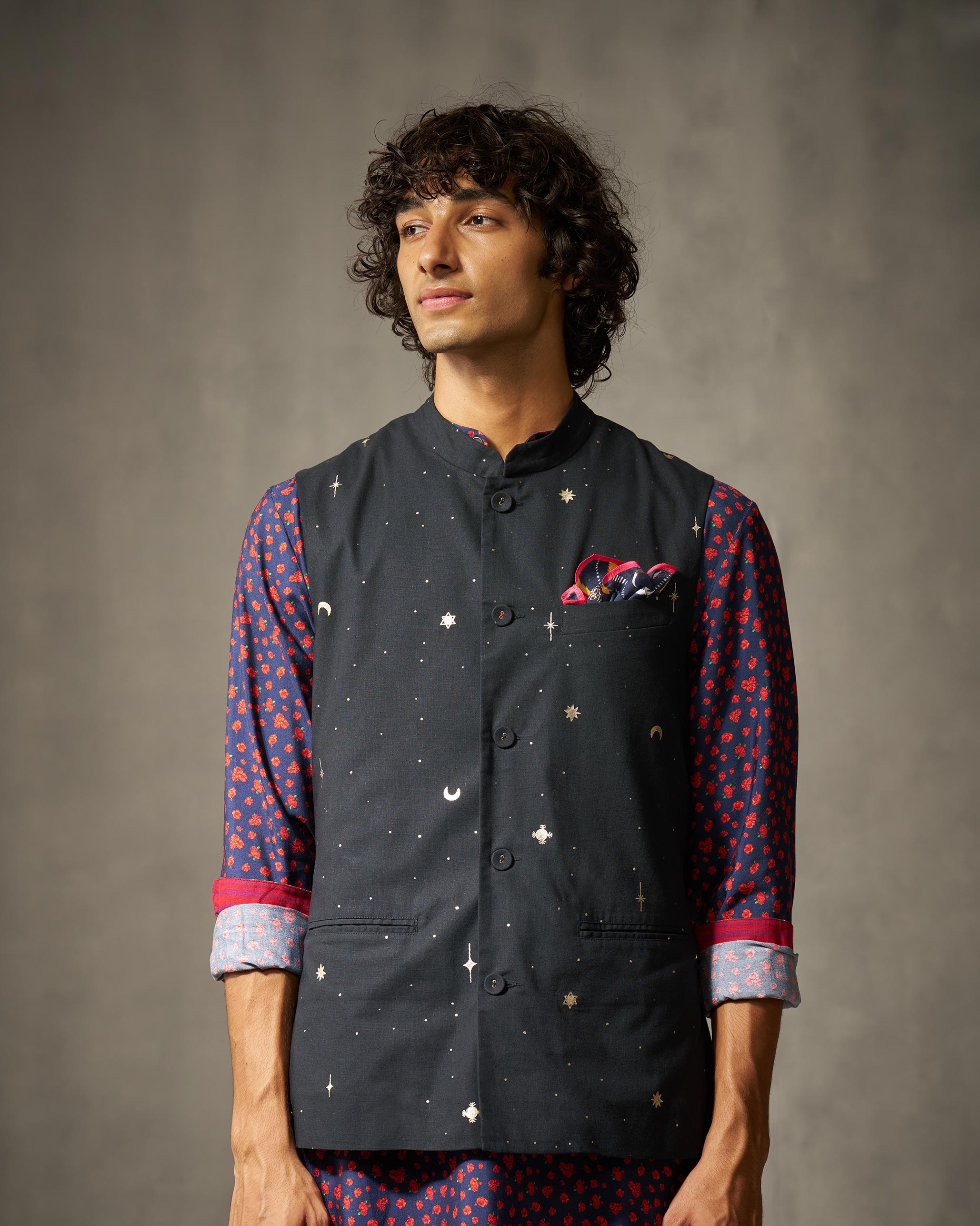 Nehru Jacket - Black Print