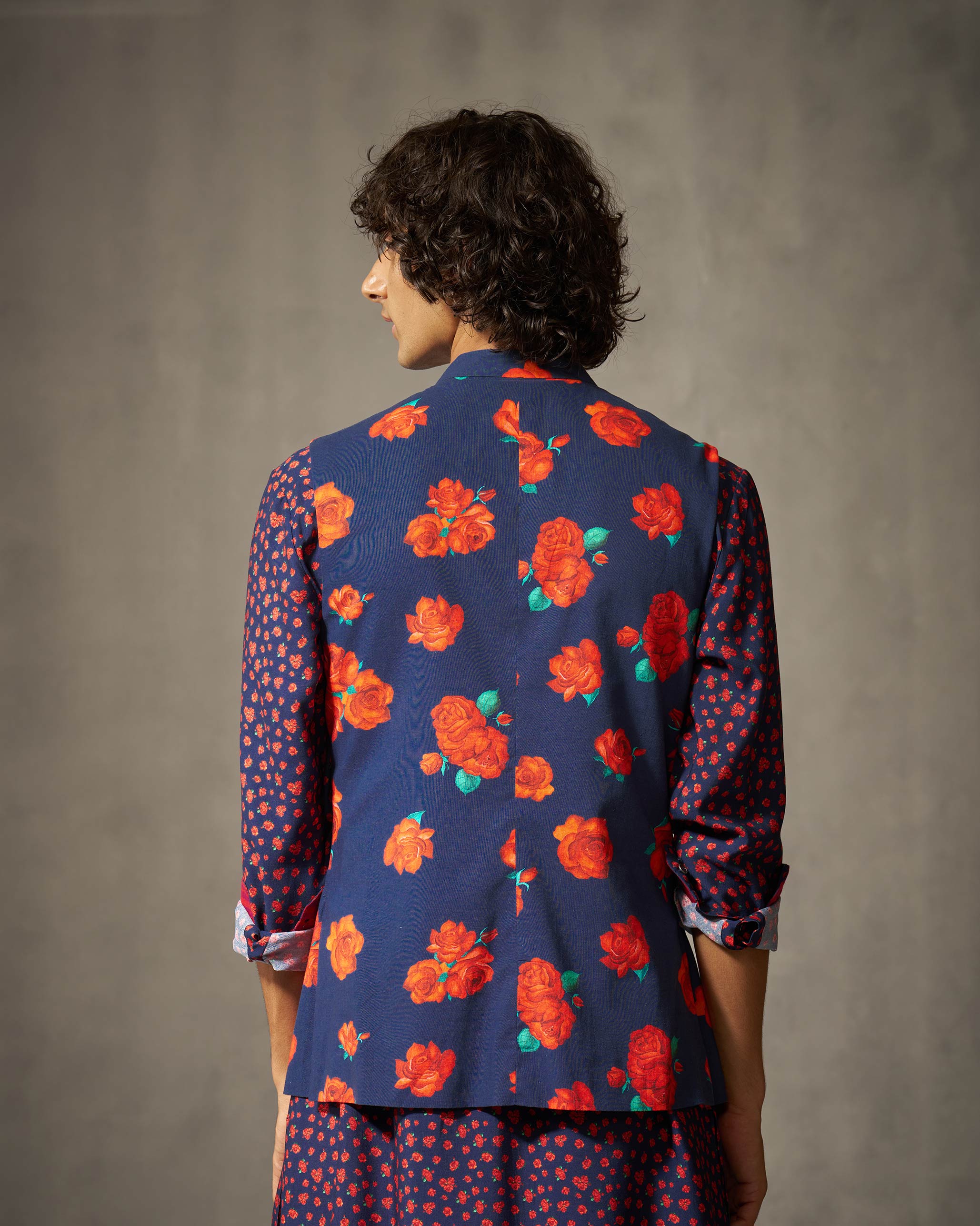 Nehru Jacket - Red & Navy Print