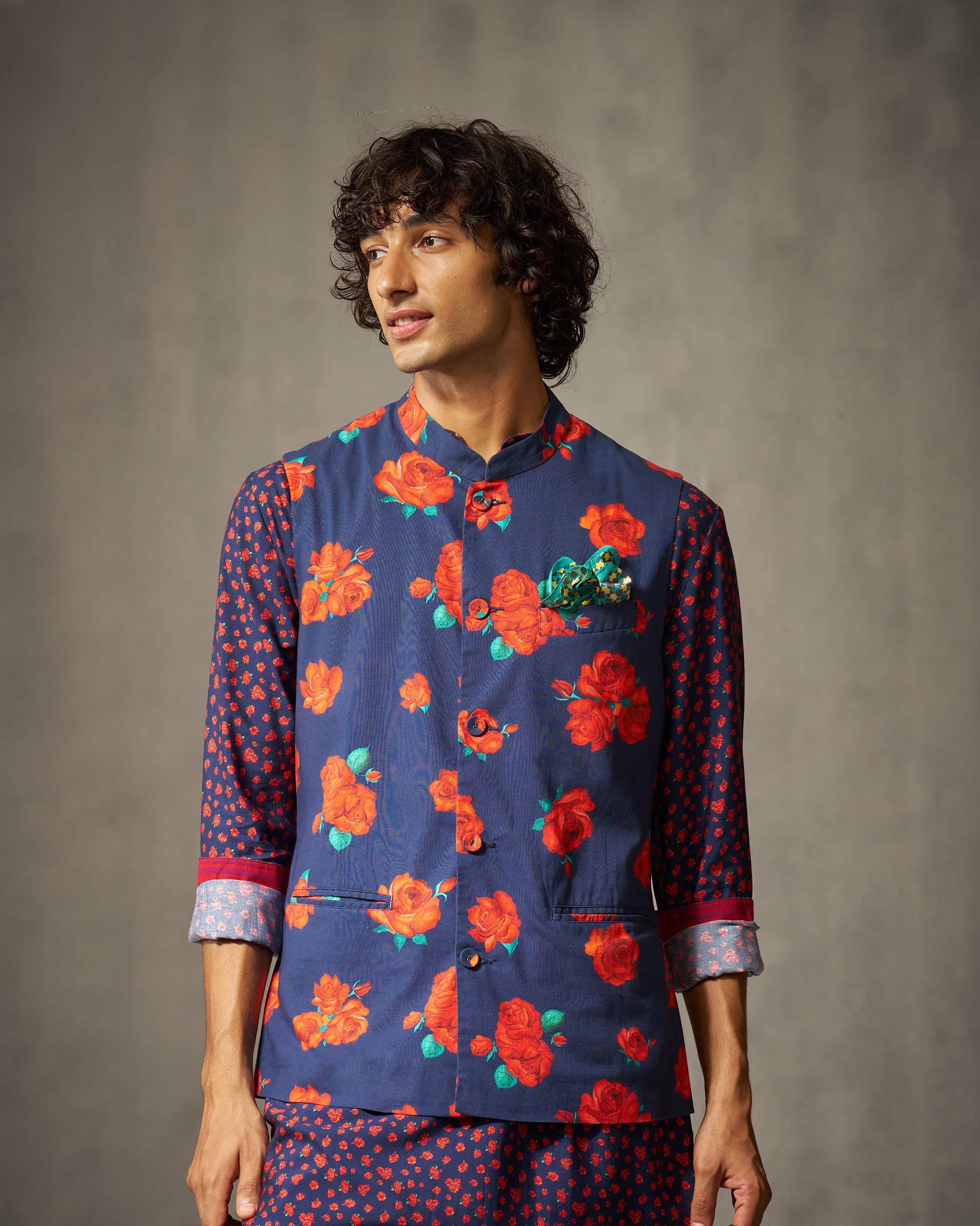 Nehru Jacket - Red & Navy Print