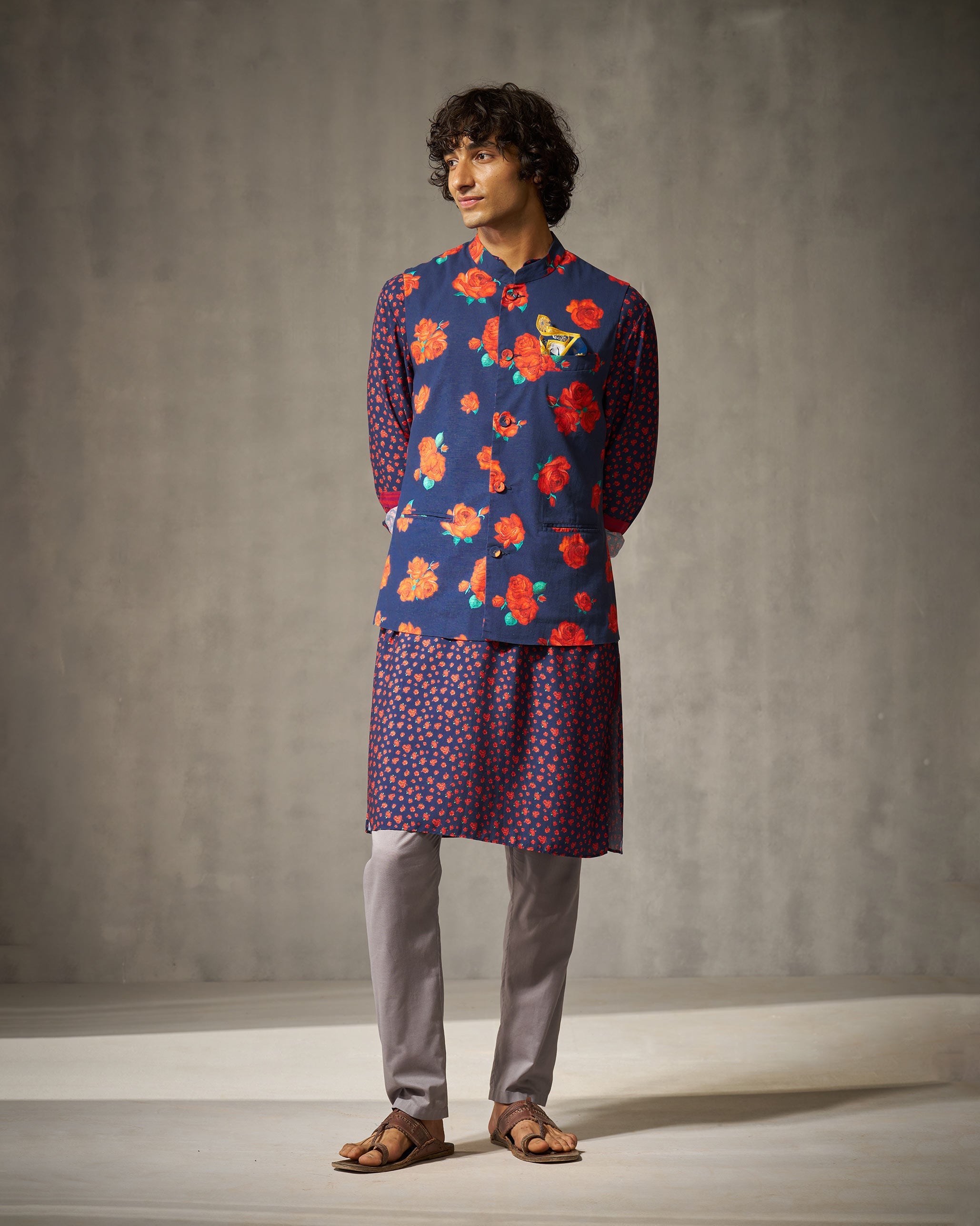 Nehru Jacket - Red & Navy Print