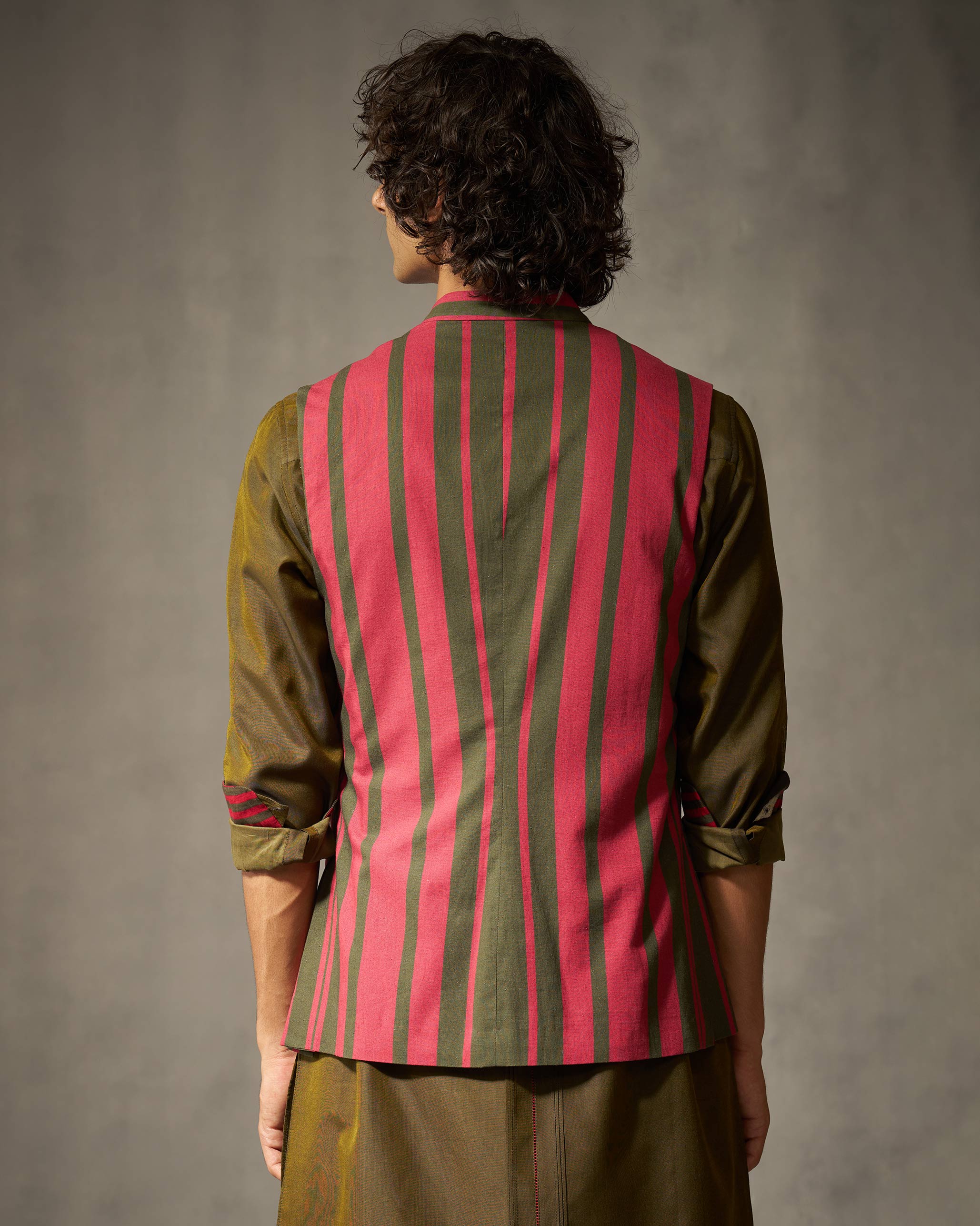 Nehru Jacket - Red & Oak Brown Print