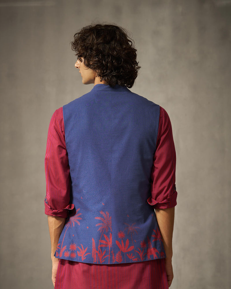 Jashn Nehru Jacket - Red & Navy Print