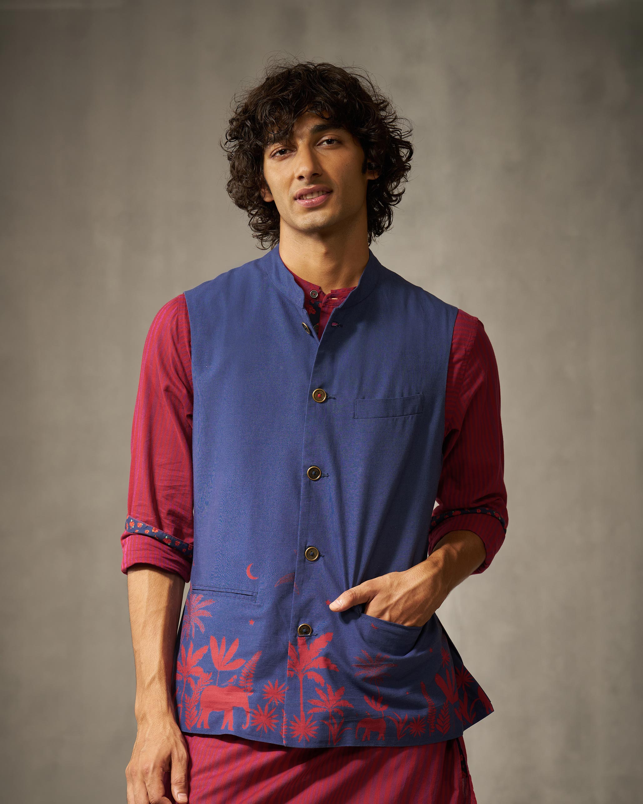 Jashn Nehru Jacket - Red & Navy Print