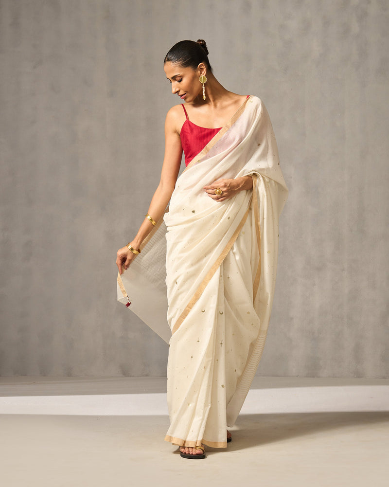 Chand Sitara Sari - Ivory & Gold Print