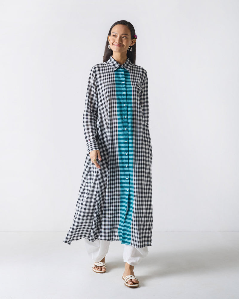 Shirt Collar Kurta - Black & White Checks