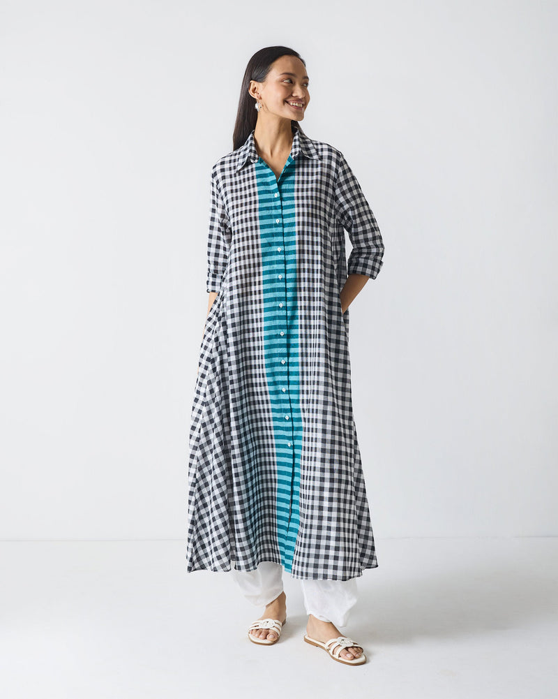 Shirt Collar Kurta - Black & White Checks