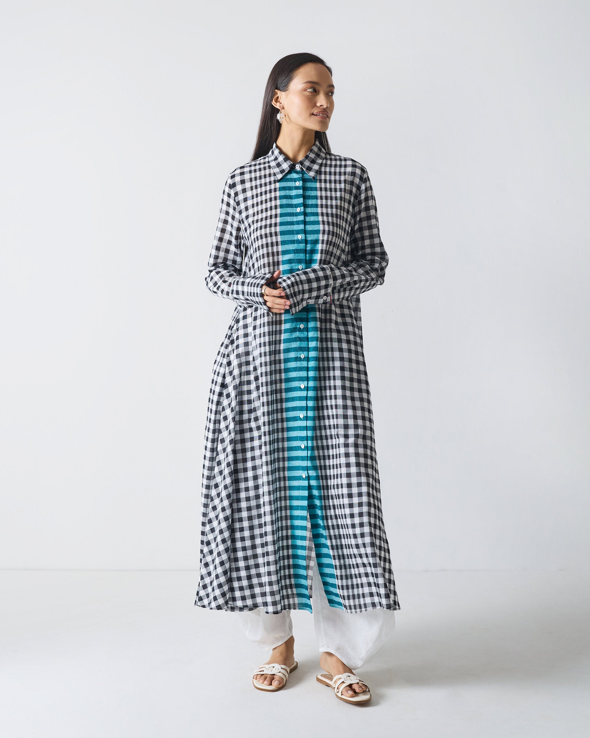 Shirt Collar Kurta - Black & White Checks