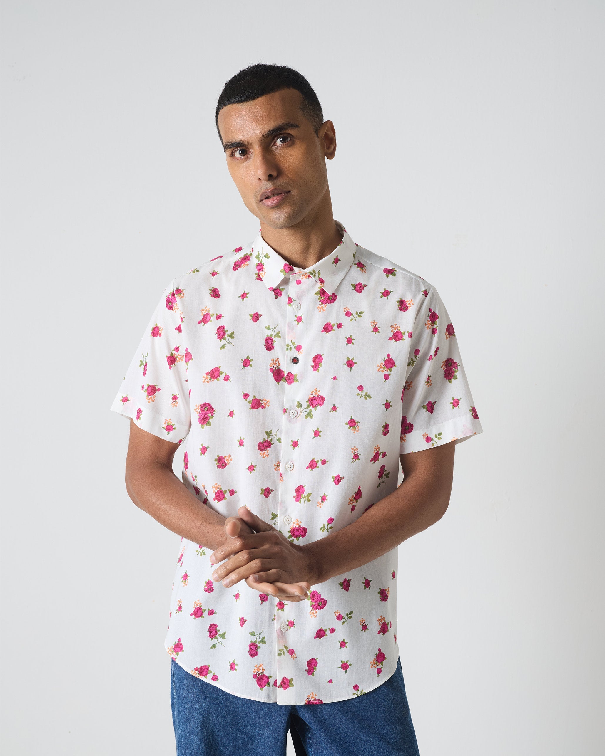 Half Sleeves Shirt - Pink Ditsy Print