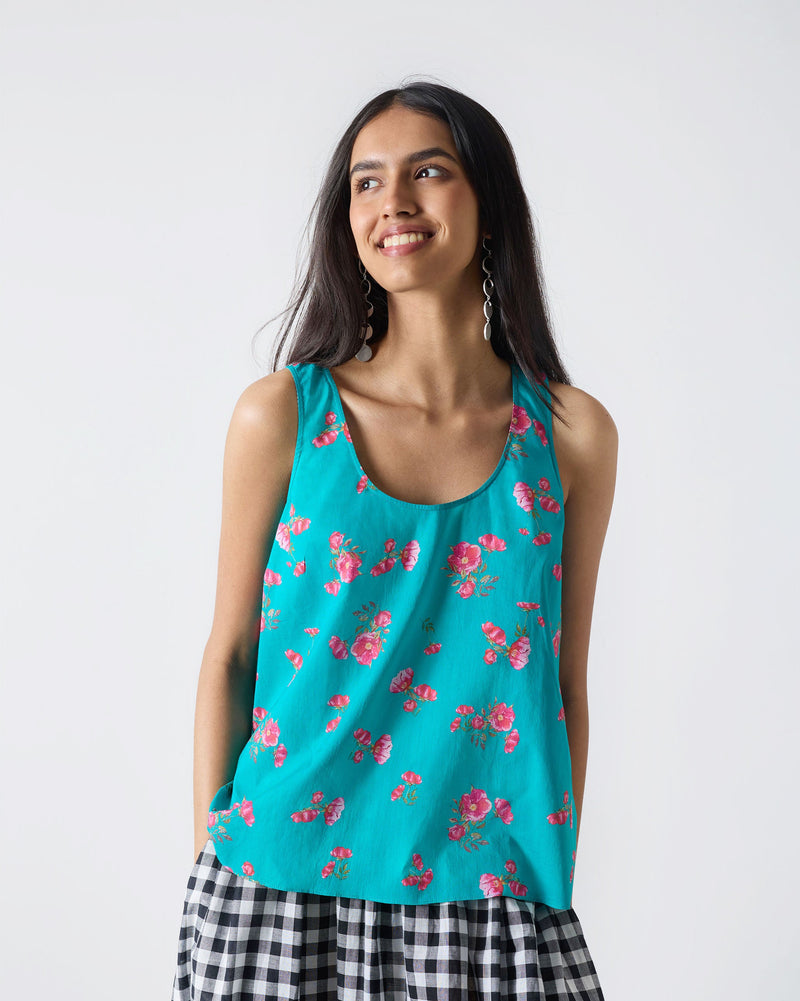 Strappy Back Gathered Top - Teal & Fuchsia Print