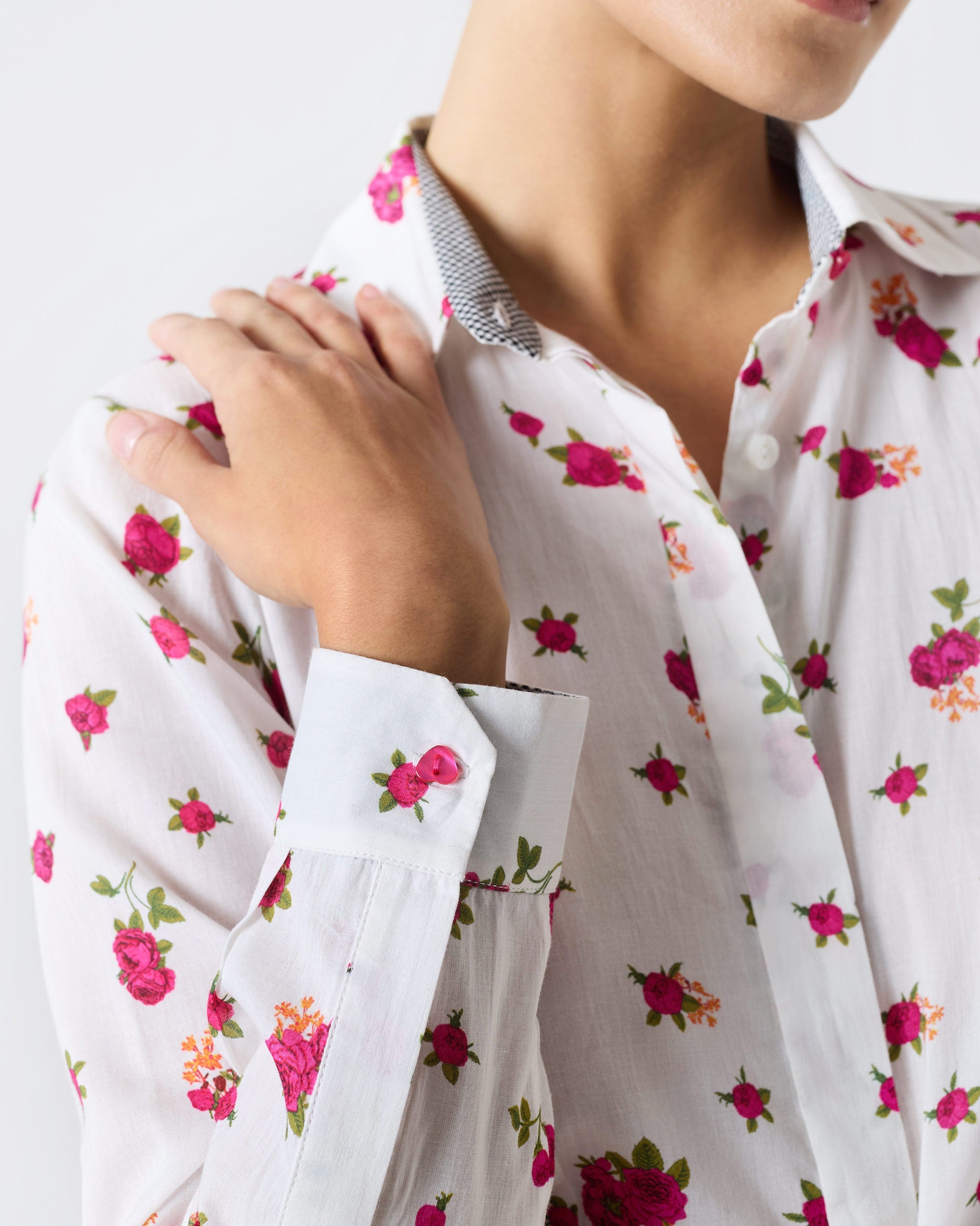 Spring Fitted Shirt - White & Fuchsia Print