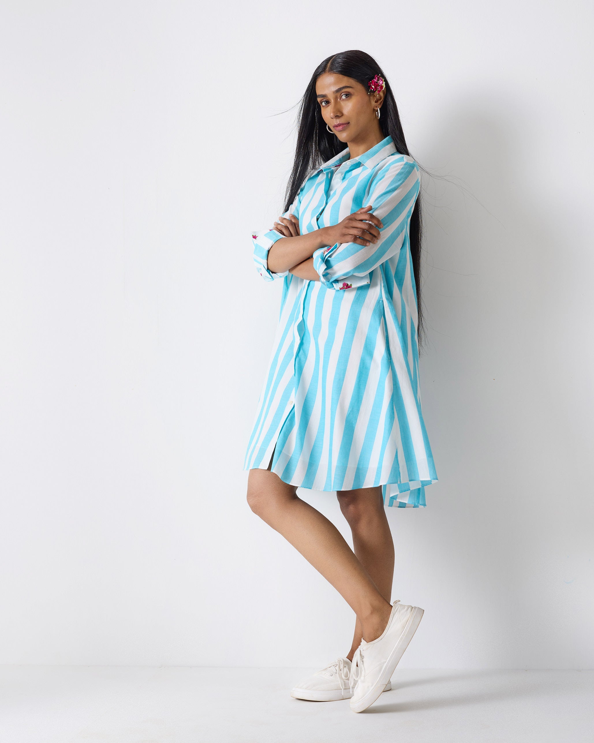 Ava Shirt Dress - Aqua & White Stripes