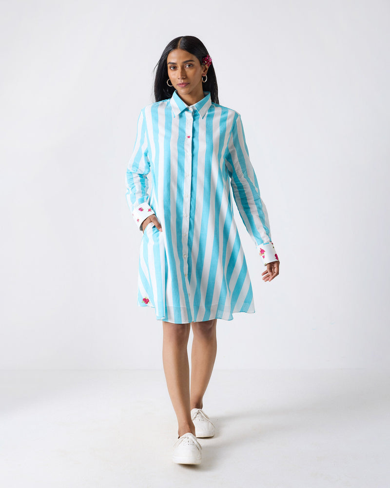 Ava Shirt Dress - Aqua & White Stripes