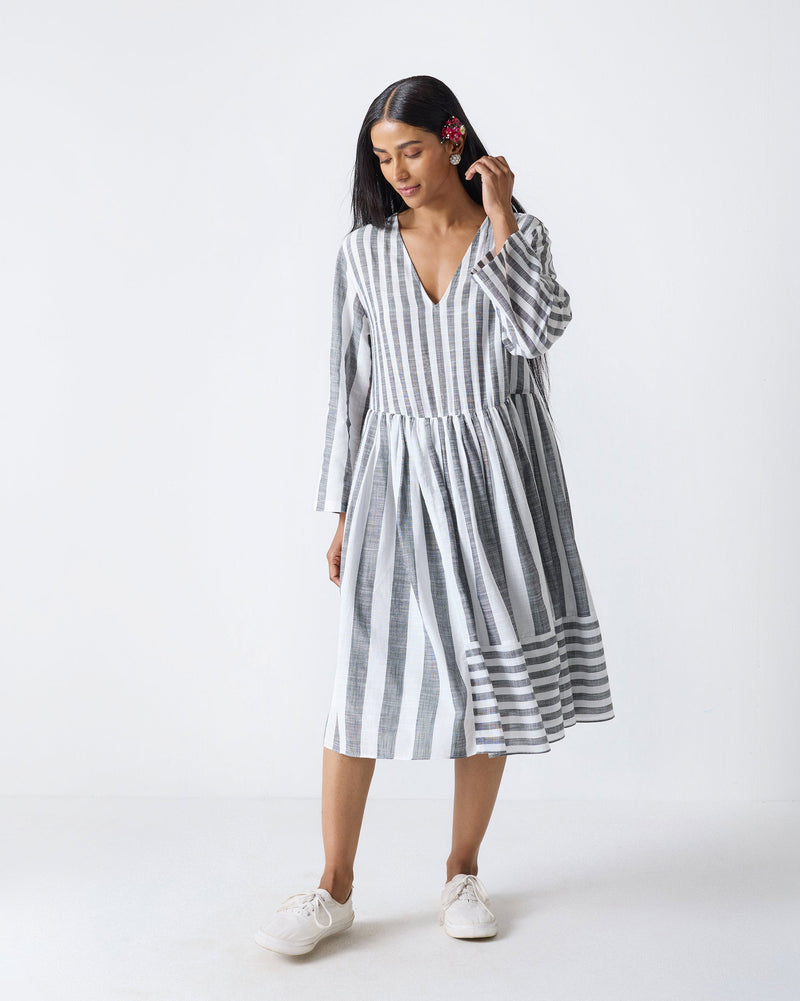 Rainy Season Dress - Charcoal & White Stripes