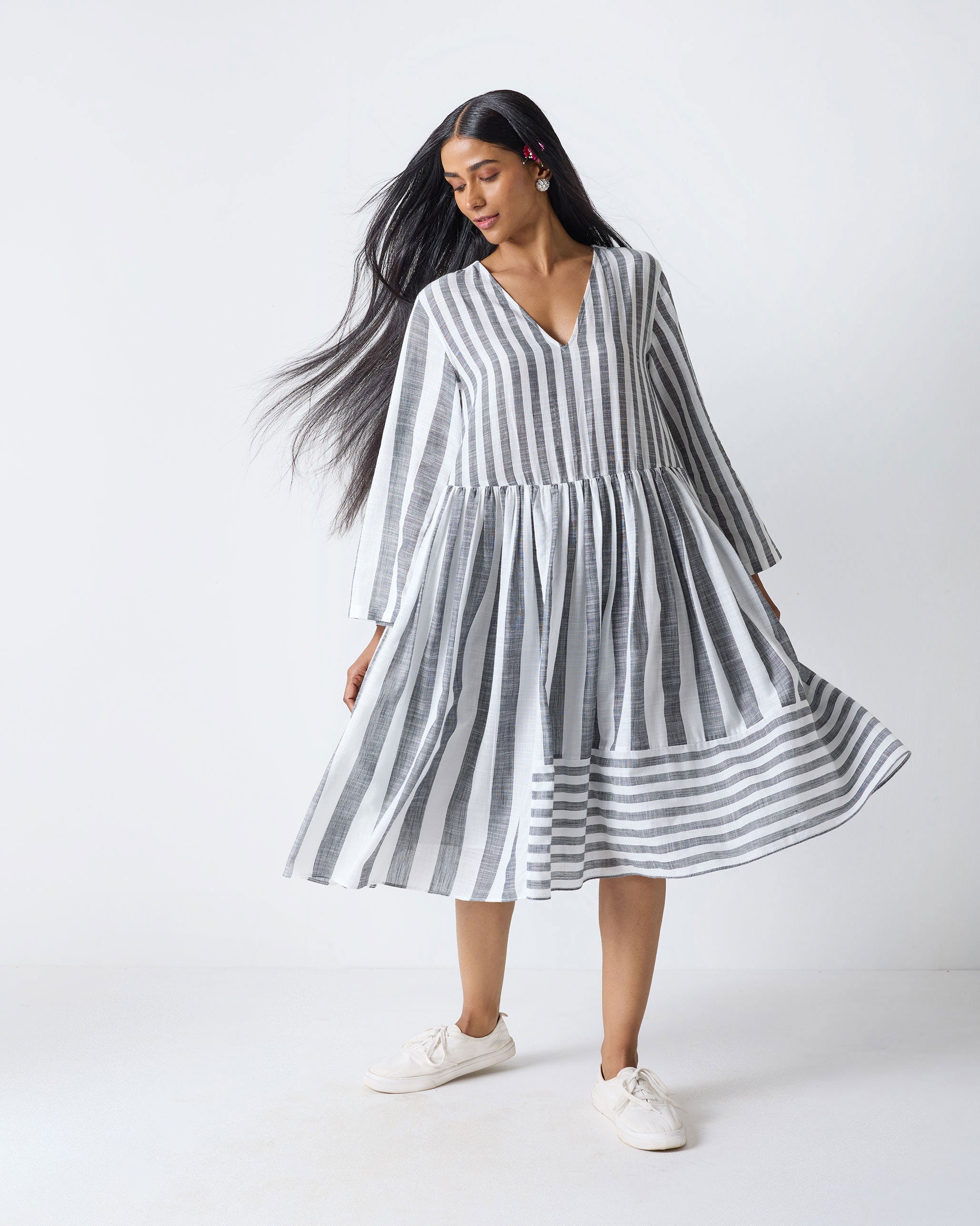 Rainy Season Dress - Charcoal & White Stripes