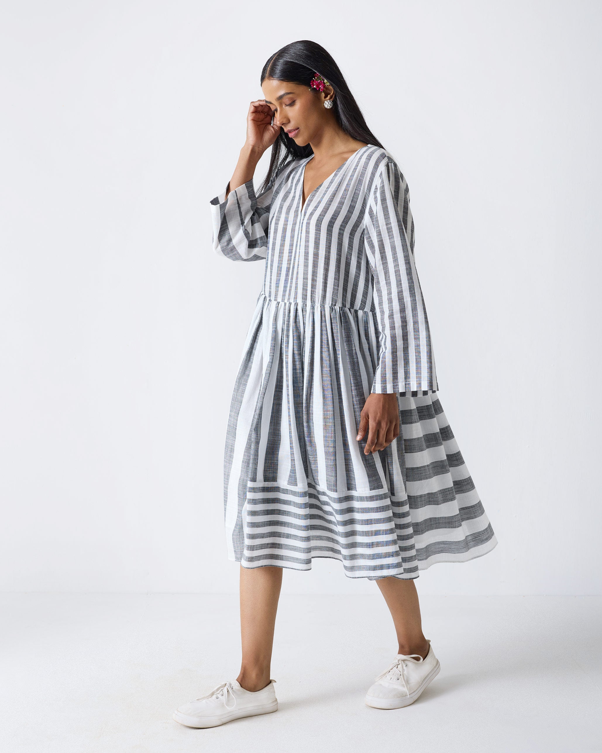 Rainy Season Dress - Charcoal & White Stripes