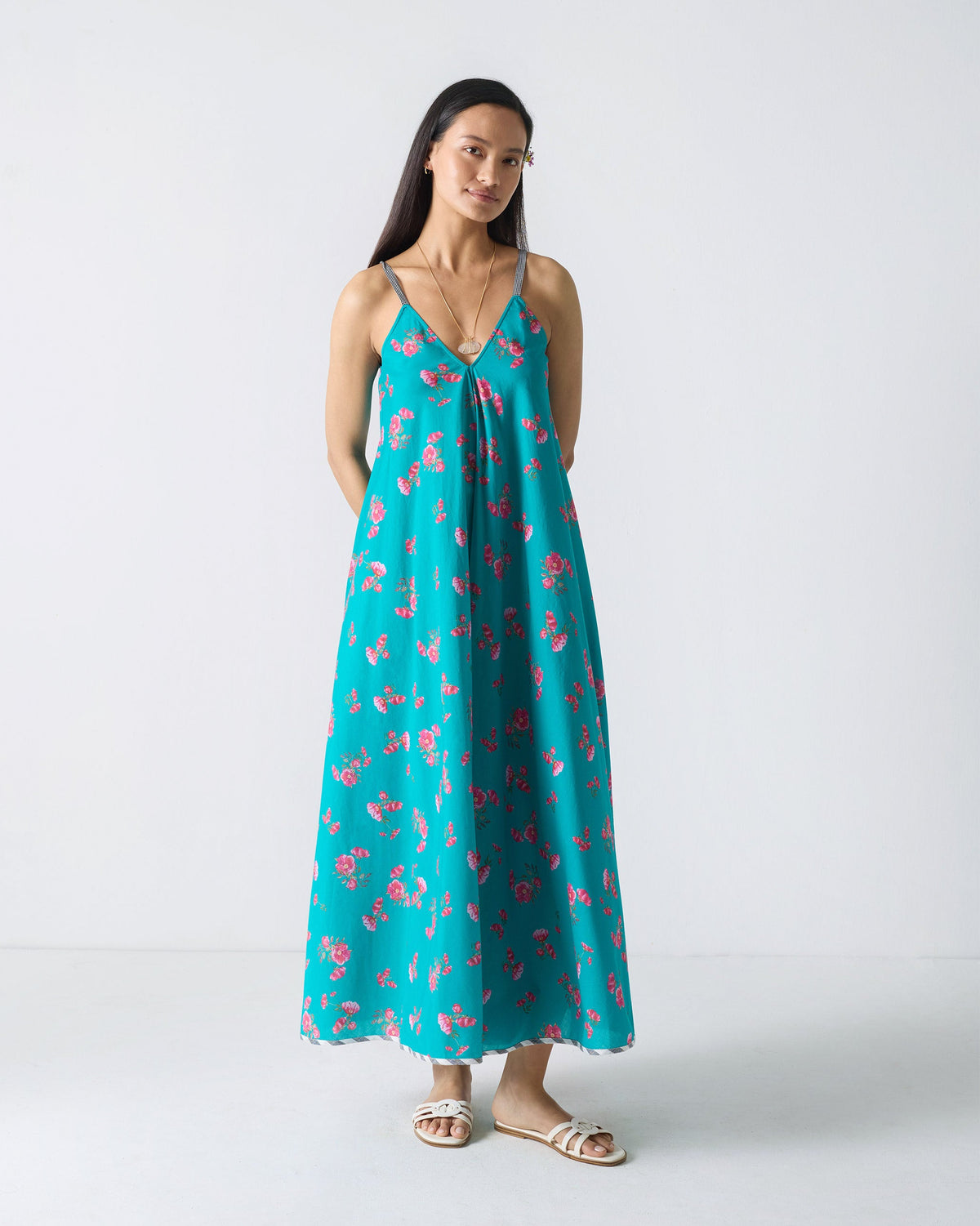 V-Neck Strappy Dress - Teal & Fuchsia Print