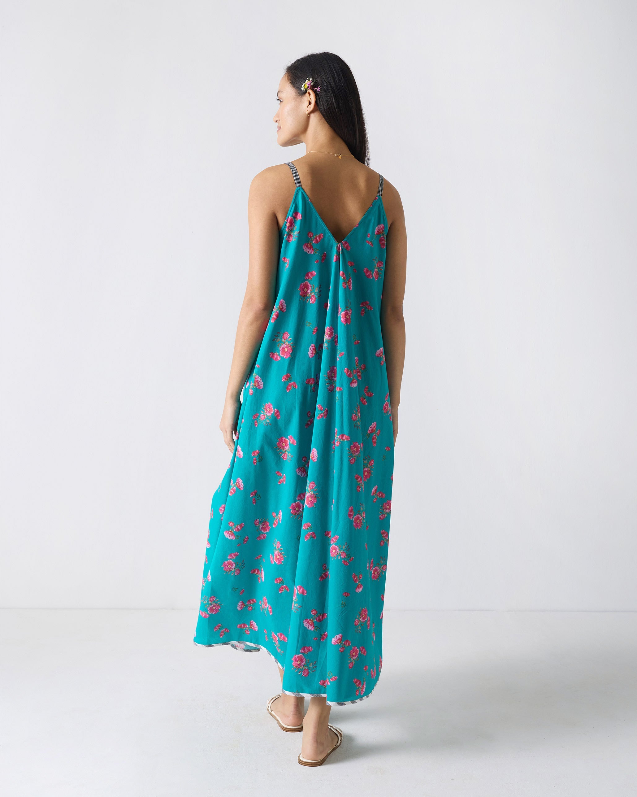 V-Neck Strappy Dress - Teal & Fuchsia Print