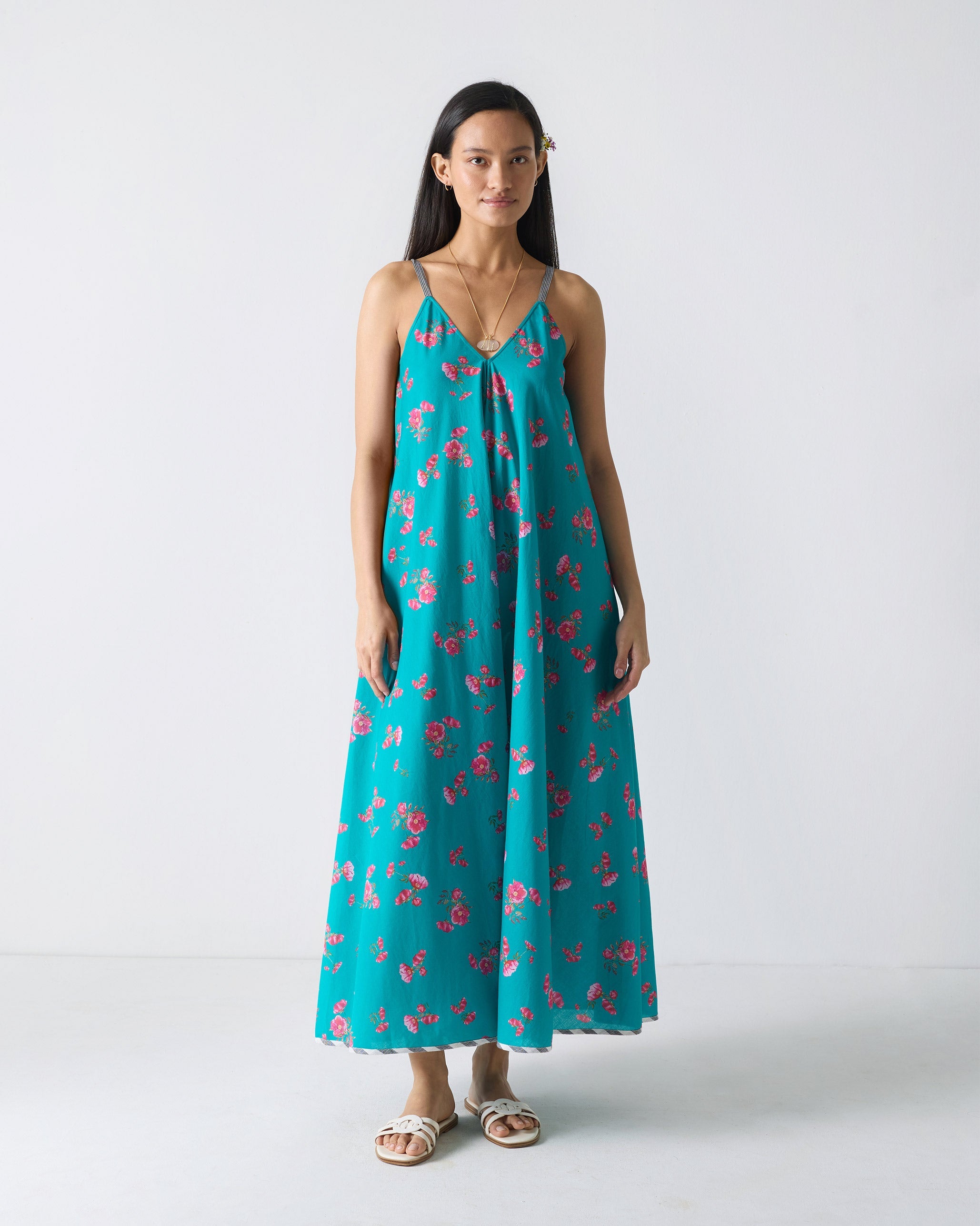 V-Neck Strappy Dress - Teal & Fuchsia Print