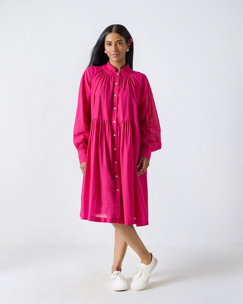 Miya Button Front Dress & Slip - Fuchsia