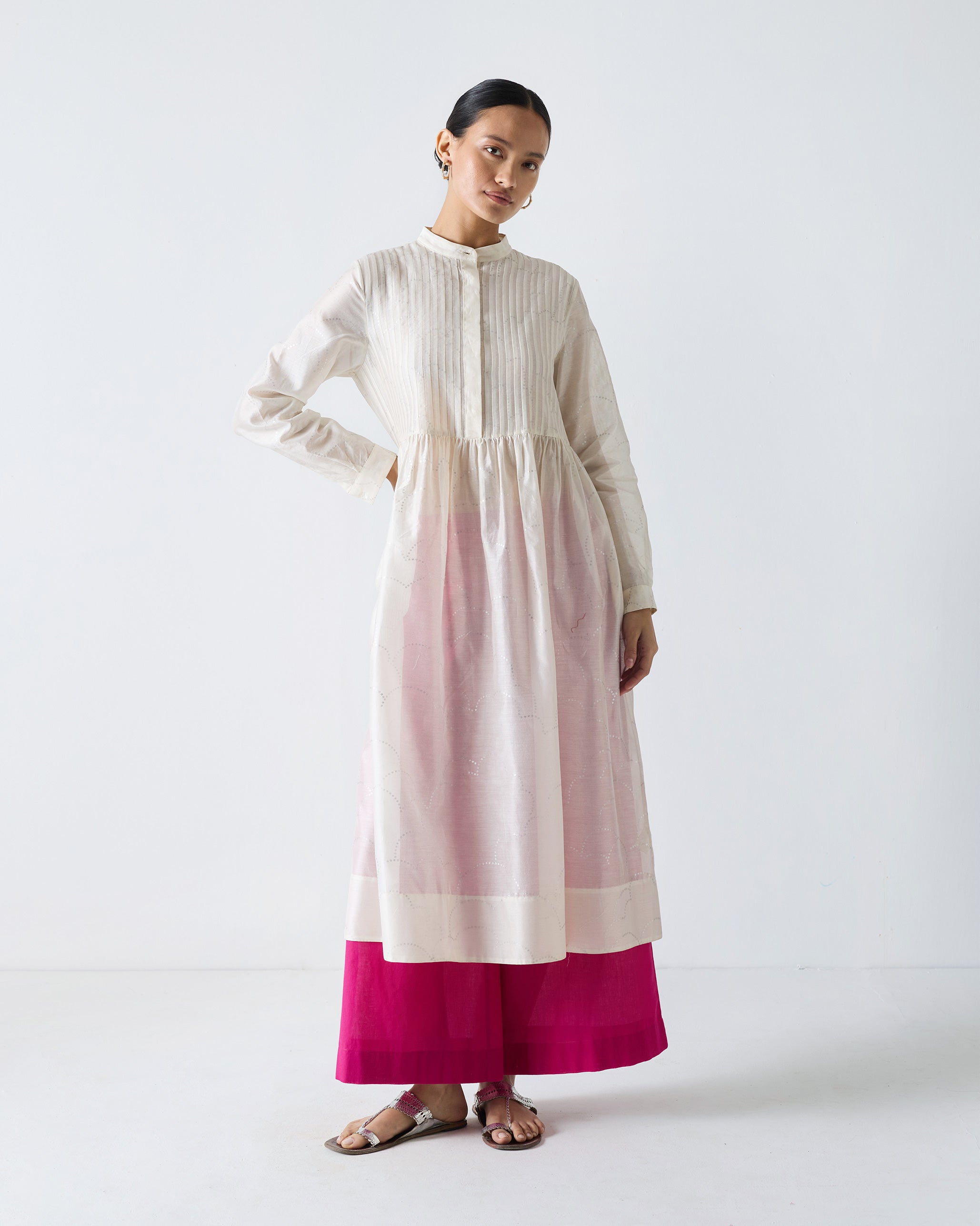 Crescent Pintuck Kurta - Ivory & Silver Print