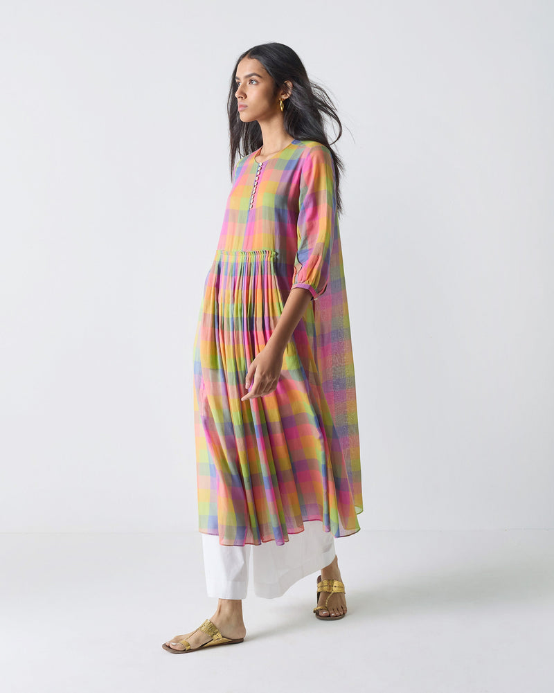 Pleated Waist Kurta - Multi Color Checks