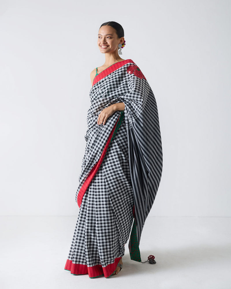 Ceylon Sari - Black & White Checks