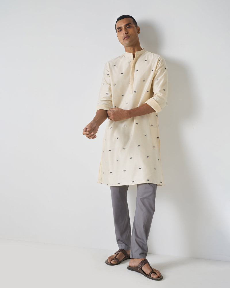 Neckband Kurta - Ivory & Charcoal Embroidered