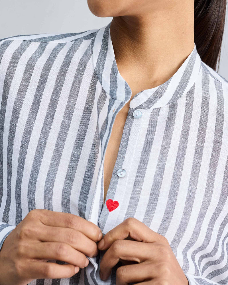 Mandarin Collar Top - Charcoal & White Stripes