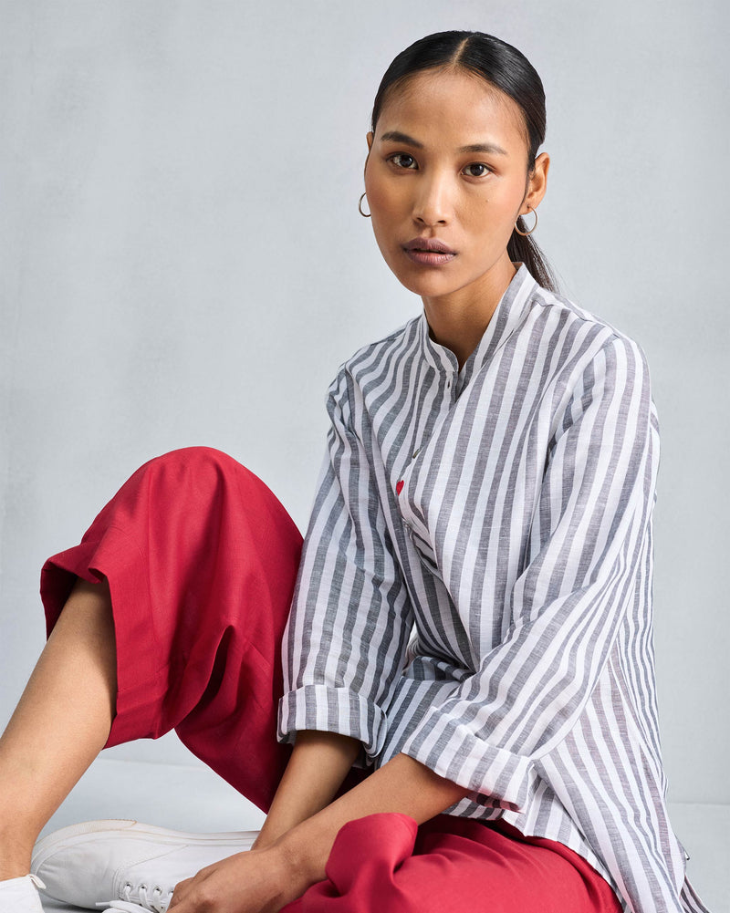 Mandarin Collar Top - Charcoal & White Stripes