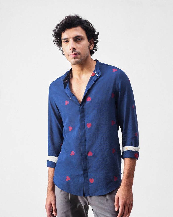 Kawaii Shirt - Navy & Red Jamdani