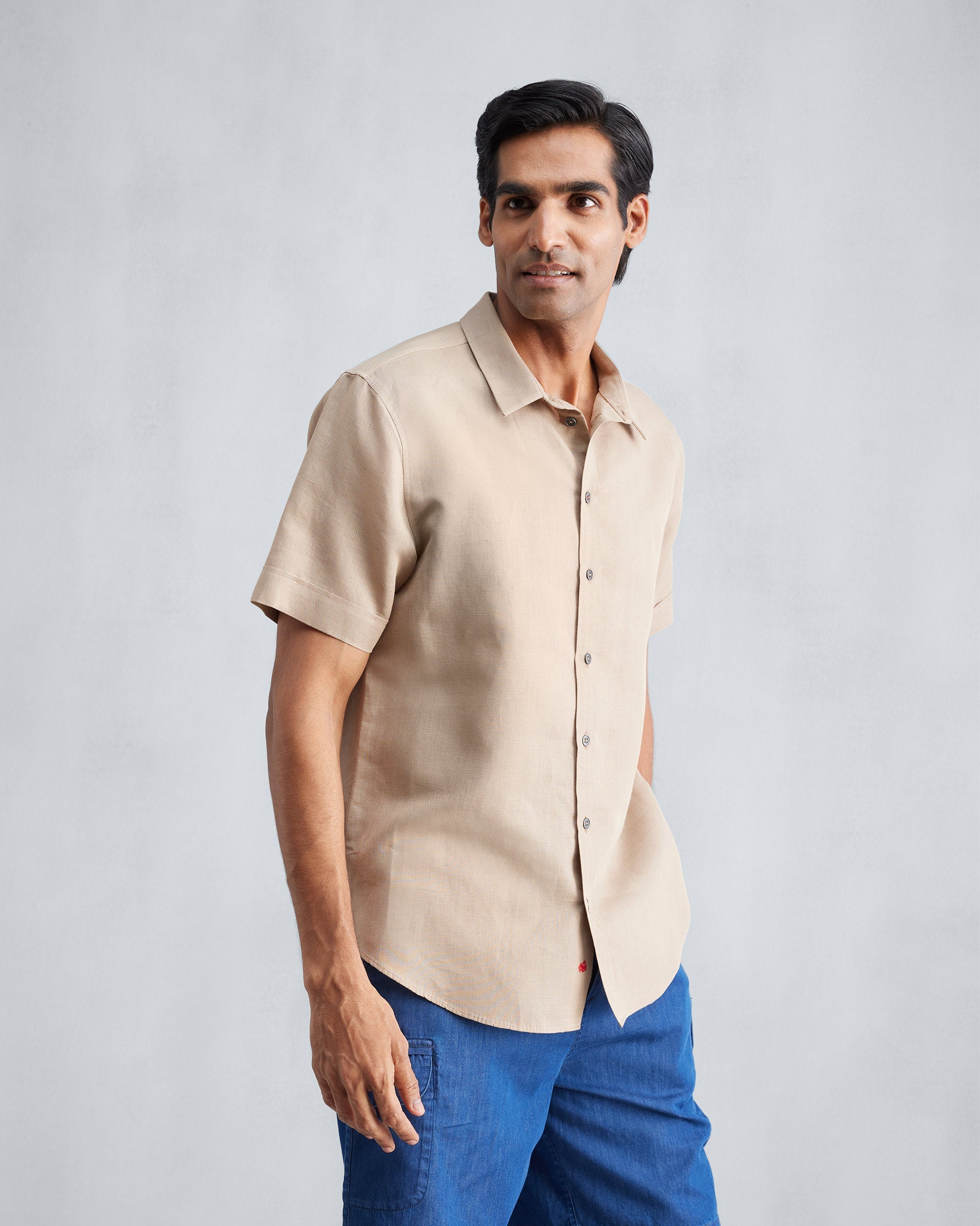 Half Sleeve Shirt Set (Beige & White Seersucker)